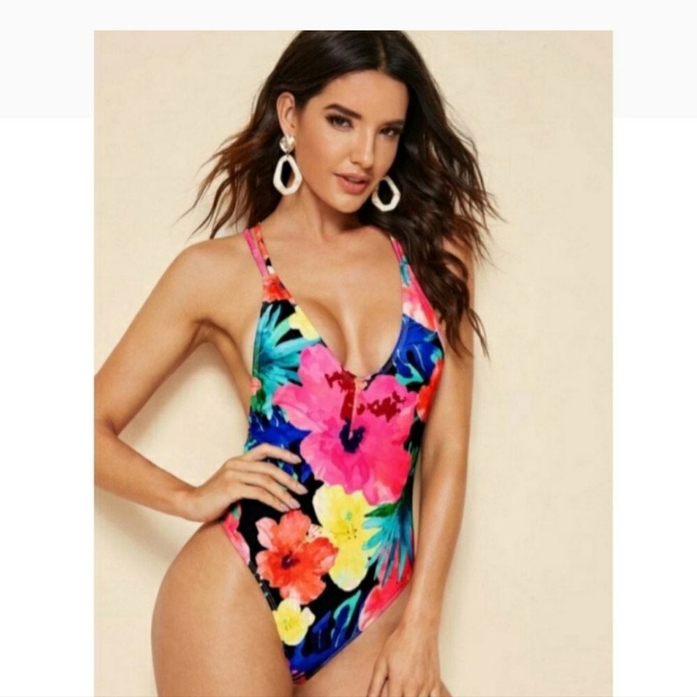 Floral Printed Swim Suit Pink White Yellow Blue